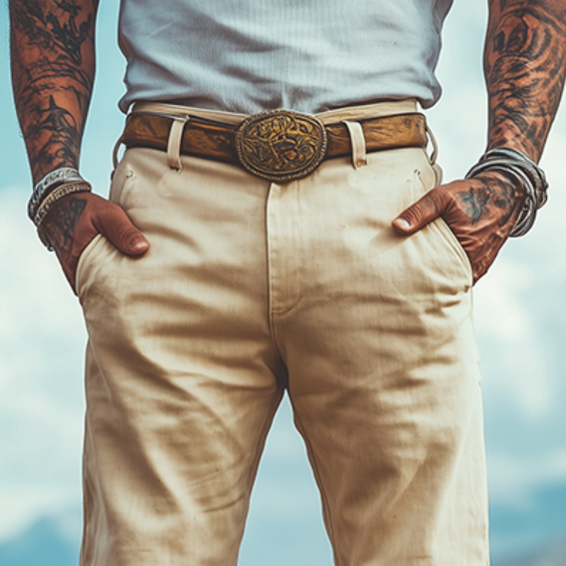 Men's Spring and Summer Fashion Retro Western Style Twill Cotton Embroidered Casual Pants (Belt Not Included)