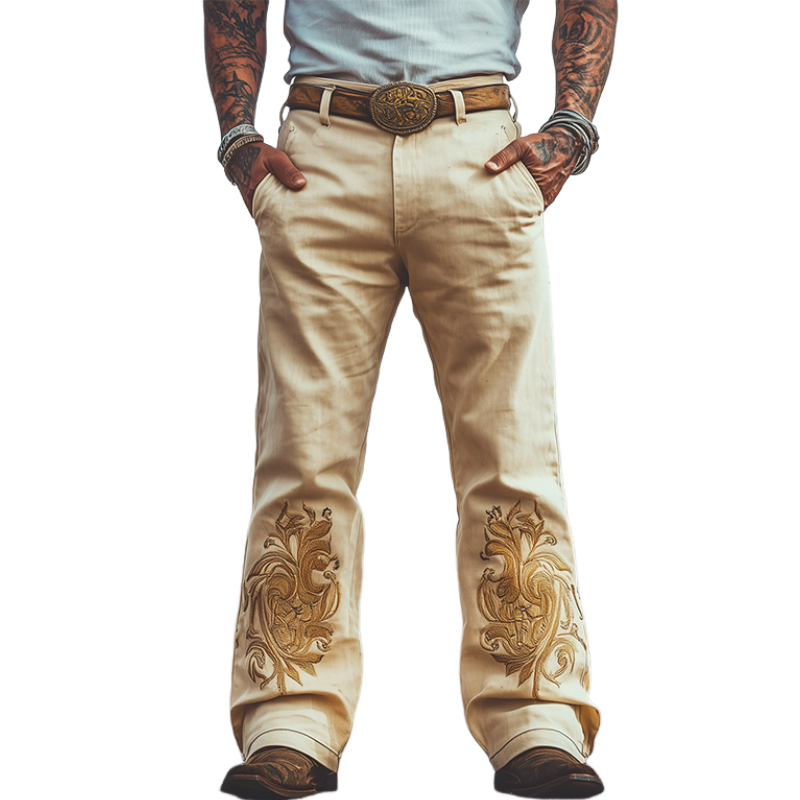 Pantalon décontracté en coton sergé brodé style rétro occidental pour homme, mode printemps-été (ceinture non incluse)