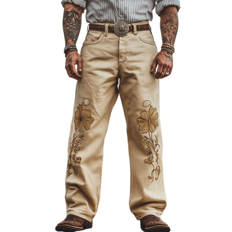 Men's Spring and Summer Fashion Personality Retro Western Style Twill Cotton Embroidery Casual Pants (Without Belt)