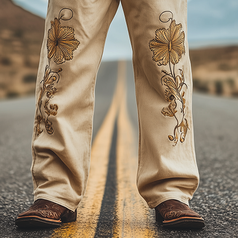 Men's Spring and Summer Fashion Personality Retro Western Style Twill Cotton Embroidery Casual Pants (Without Belt)