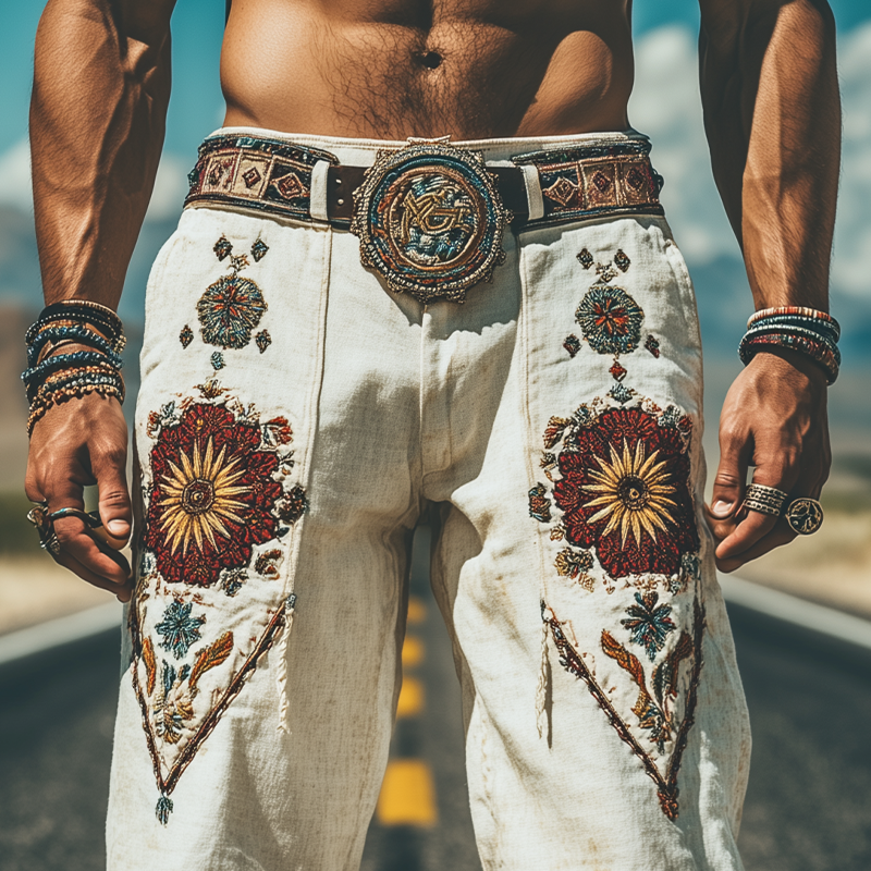 Men's Spring and Summer Fashion Personality Retro Western Style Cotton and Linen Embroidered Pants (Without Belt)