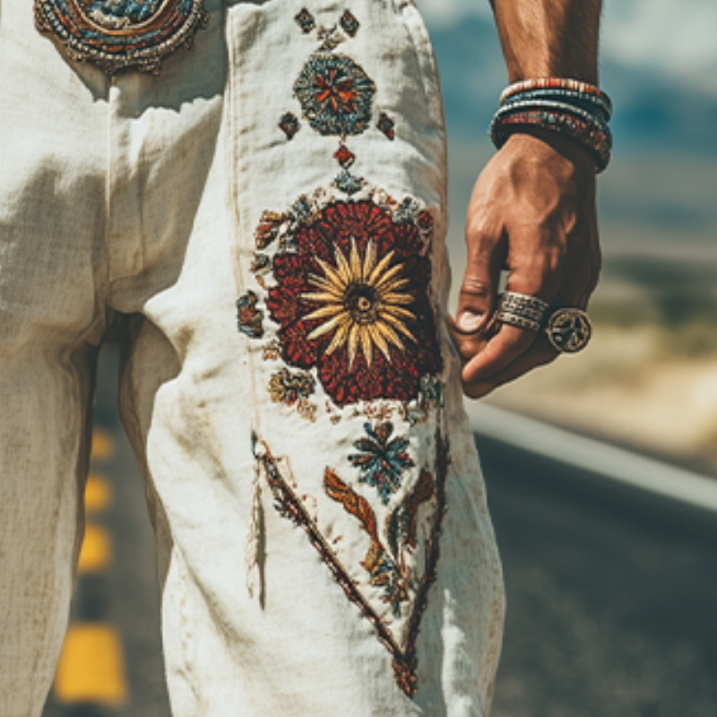 Men's Spring and Summer Fashion Personality Retro Western Style Cotton and Linen Embroidered Pants (Without Belt)