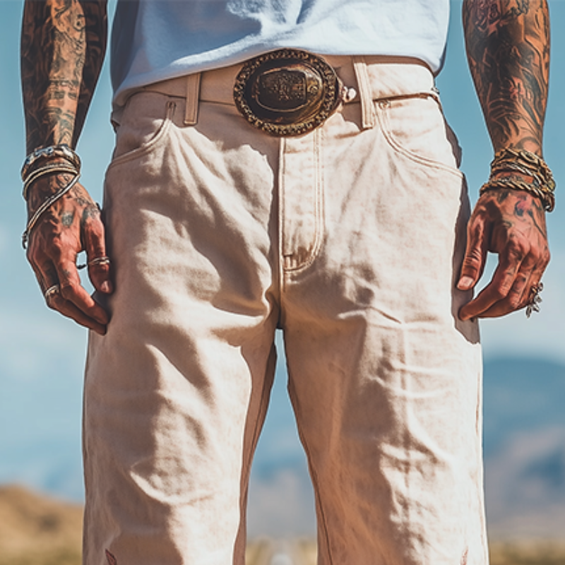 Men's Spring and Summer Fashion Personality Retro Western Style Twill Cotton Casual Embroidery Pants (Without Belt)