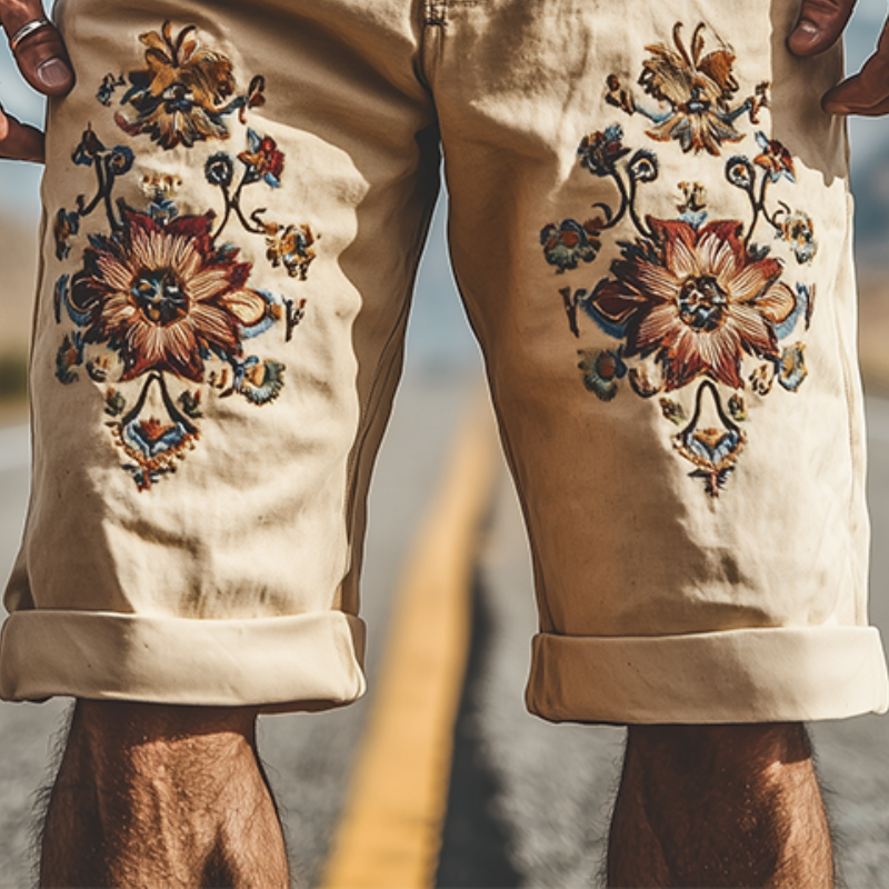 Men's Spring Summer Fashion Vintage Twill Cotton Embroidery Length to Knee Shorts (Without Belt)