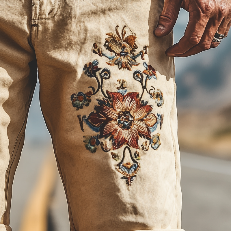 Men's Spring Summer Fashion Vintage Twill Cotton Embroidery Length to Knee Shorts (Without Belt)