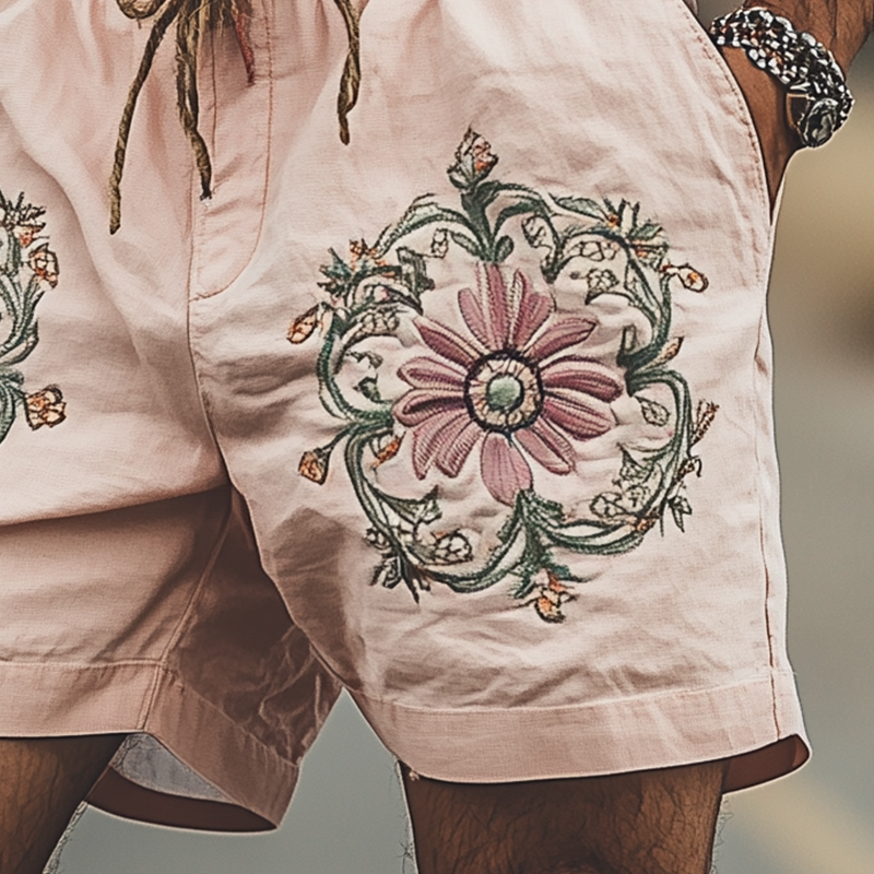 Men's Summer Fashion Casual Plain Cotton Embroidery Elastic Waist Shorts