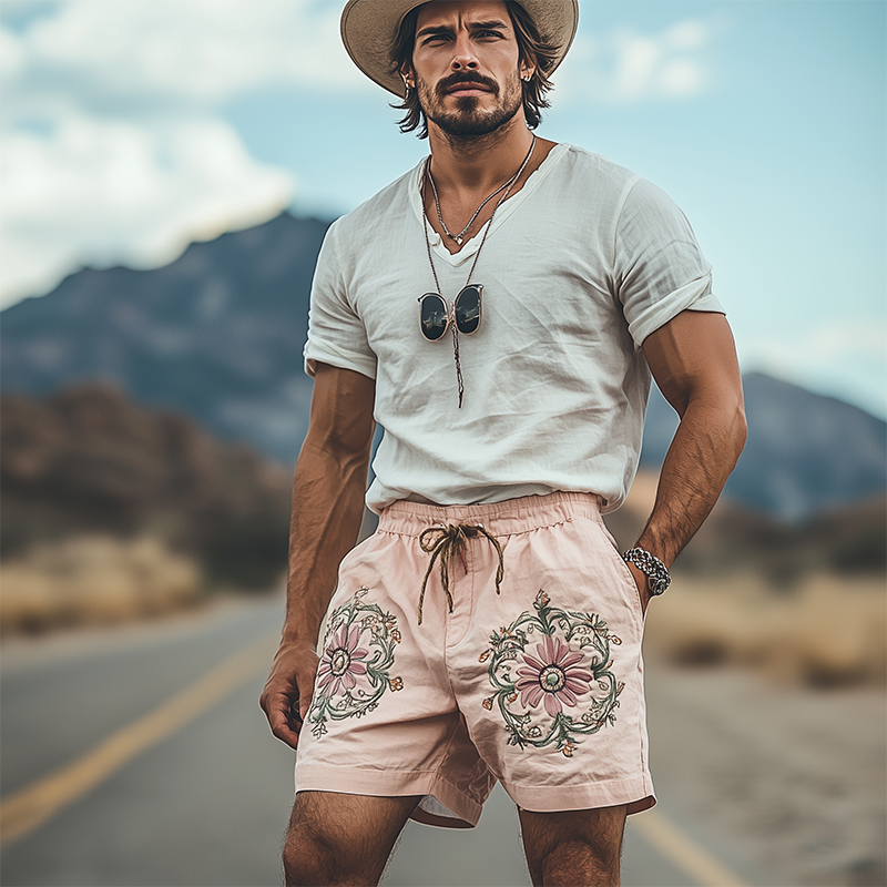 Men's Summer Fashion Casual Plain Cotton Embroidery Elastic Waist Shorts