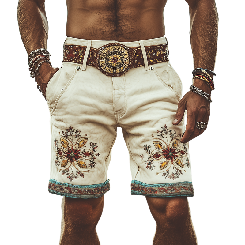 Men's Spring and Summer Fashion Retro Thin Suede Embroidered Shorts (Without Belt)