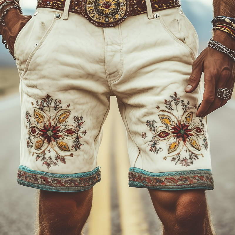 Men's Spring and Summer Fashion Retro Thin Suede Embroidered Shorts (Without Belt)