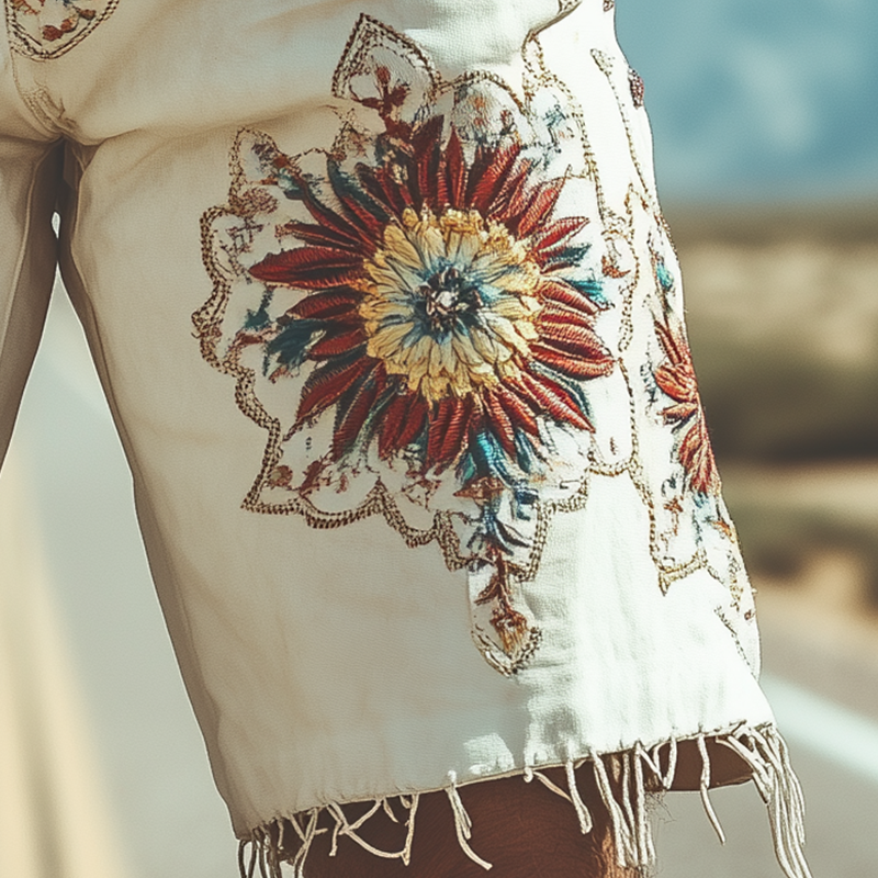 Men's Spring and Summer Fashion Retro Personality Thin Suede Embroidered Shorts (without belt)