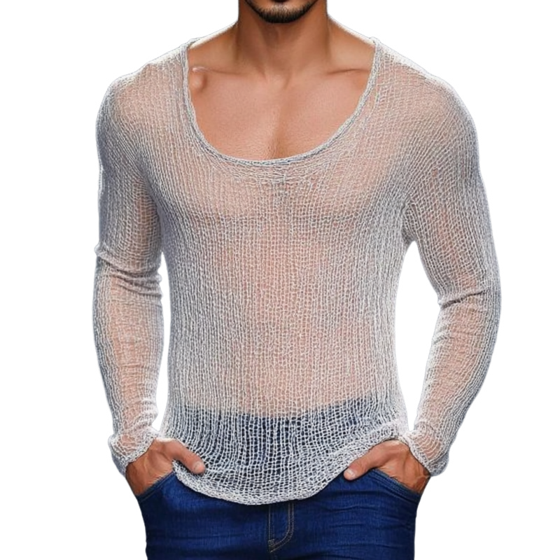 Men's Casual Breathable Round Neck Hollow Knitted Slim Sweater T-Shirt ASW1433D2M
