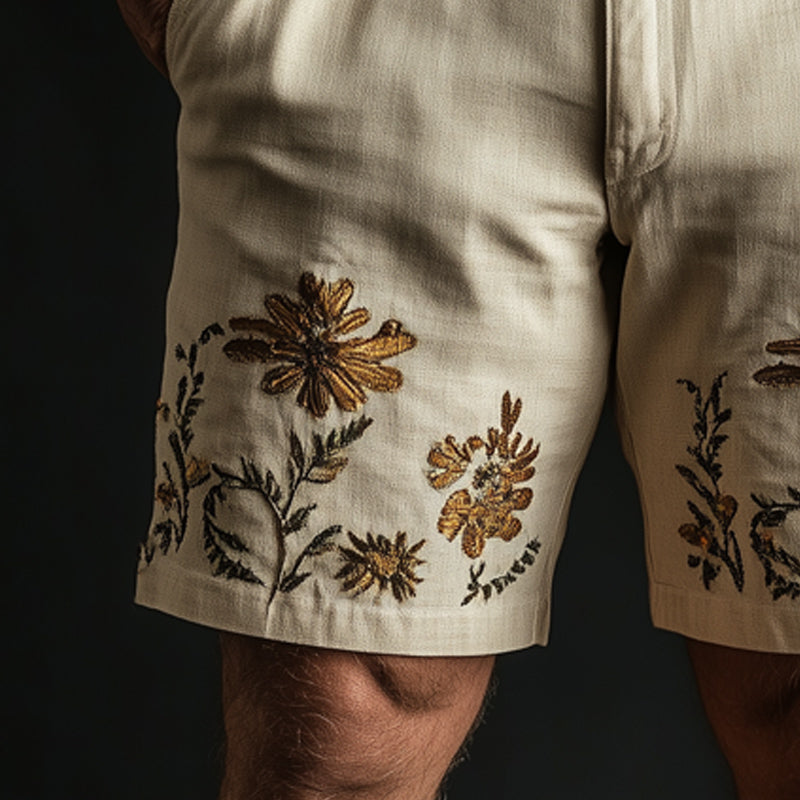 Men's Summer Cotton and Linen Floral Embroidered Shorts
