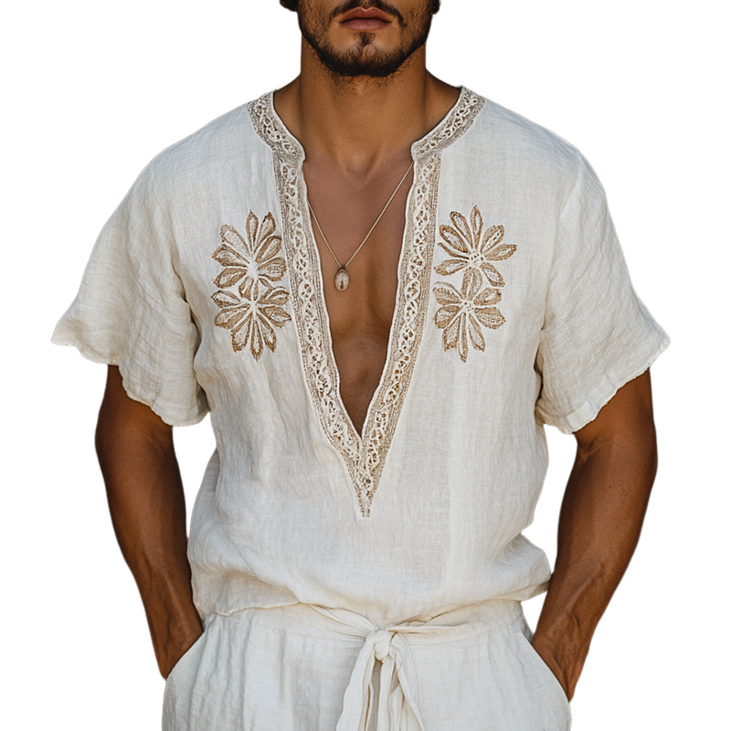 Men's Ethnic Style Embroidered V Neck Short Sleeve Cotton And Linen Shirt