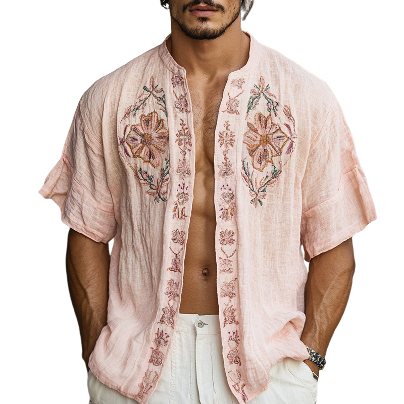 Men's Ethnic Style Embroidered Round Neck Short Sleeve Cotton And Linen Cardigan Shirt