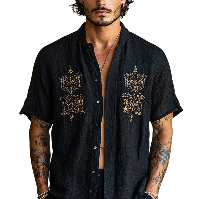 Men's Ethnic Style Embroidered Round Neck Short Sleeve Cotton And Linen Shirt