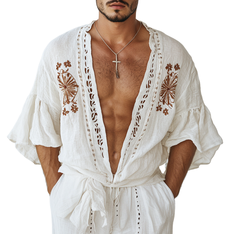 Men's Ethnic Style Embroidered Half Sleeve Cotton And Linen Cardigan Shirt