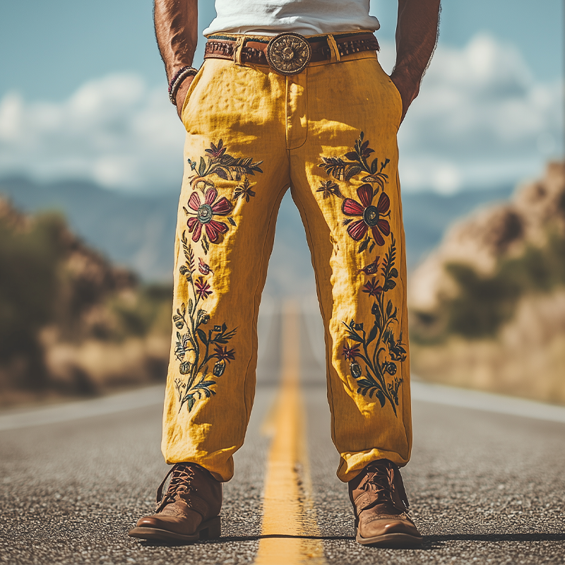 Men's Summer Fashion Casual Western Style Cotton and Linen Embroidered Pants (Without Belt)