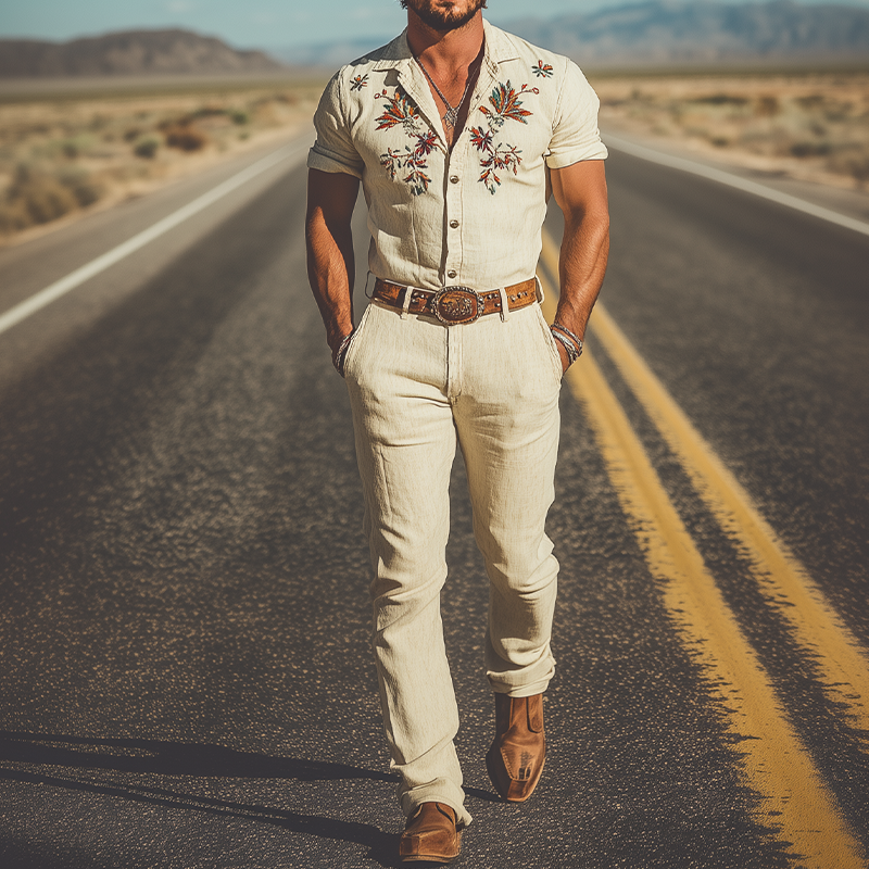 Men's Summer Fashion Casual Western Style Cotton and Linen Embroidered Trousers Jumpsuit