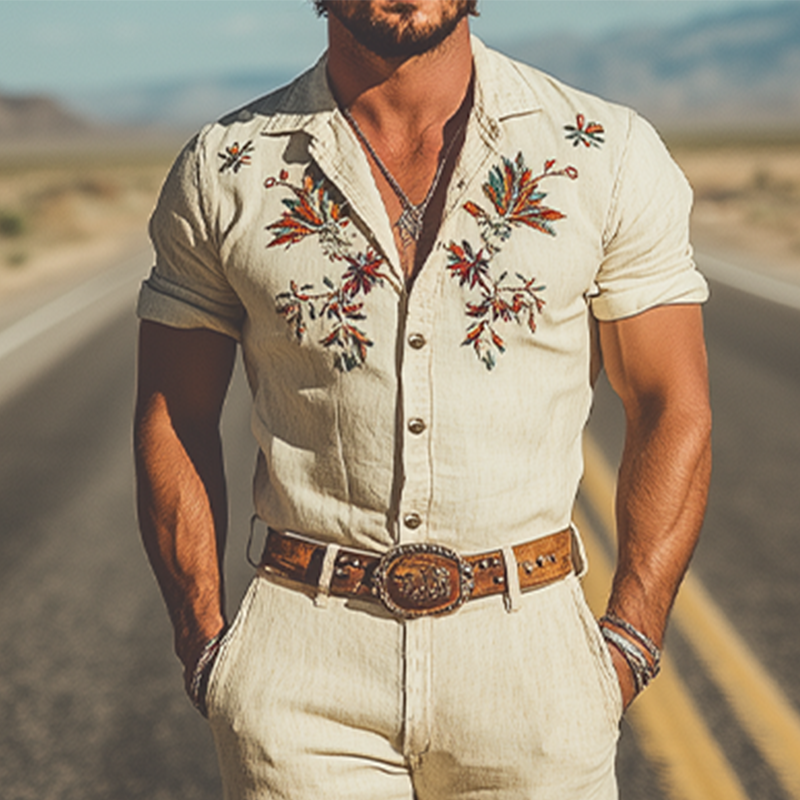 Men's Summer Fashion Casual Western Style Cotton and Linen Embroidered Trousers Jumpsuit