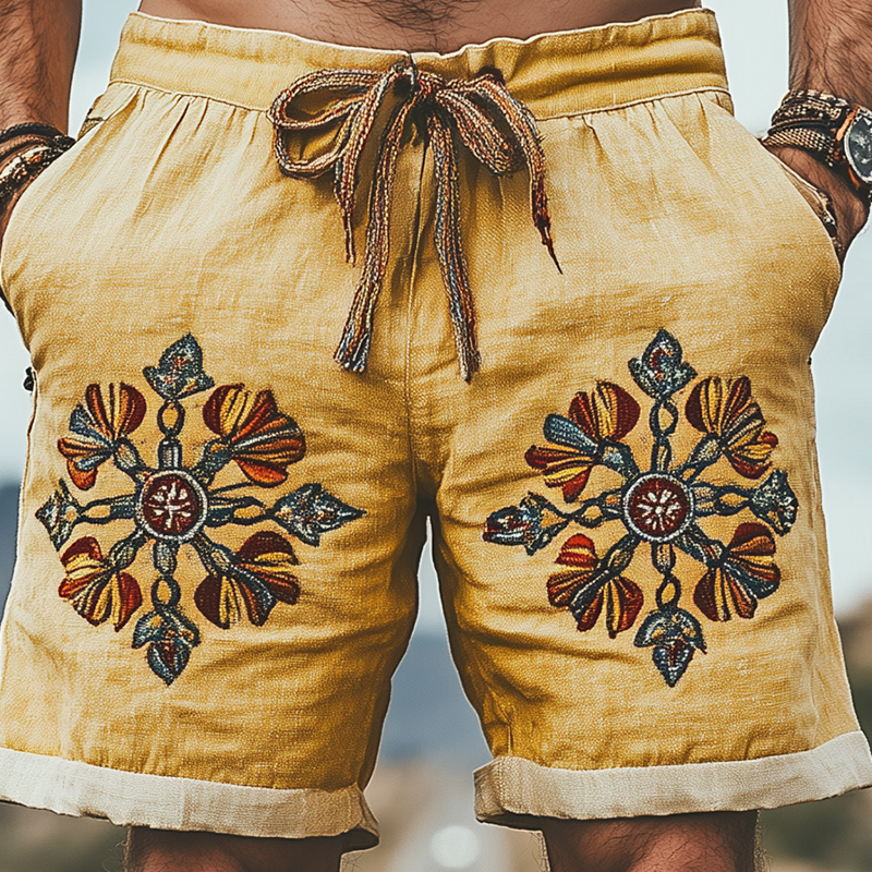 Men's Summer Fashion Casual Western Style Ramie Splicing Embroidery Shorts