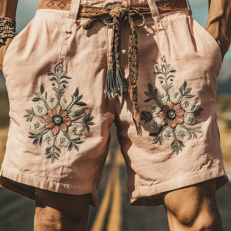 Men's Summer Fashion Casual Western Style Ramie Embroidery Shorts (Without Belt)