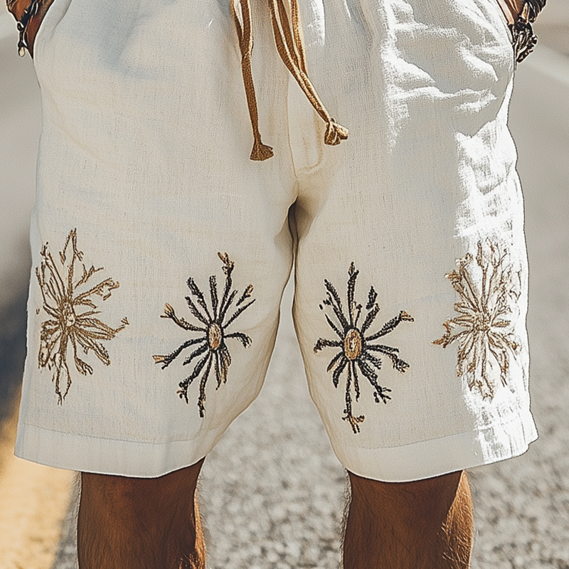 Men's Summer Fashion Casual Western Style Ramie Embroidery Elastic Waist Shorts