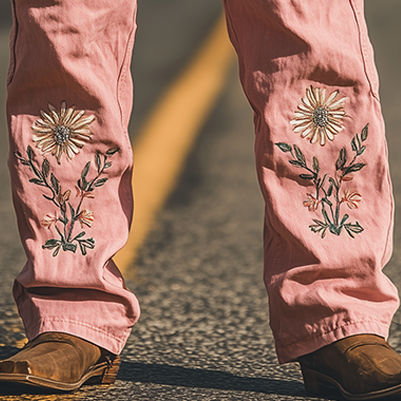 Men's Spring and Summer Fashion Casual Western Style Twill Cotton Embroidered Overalls (Without Belt)