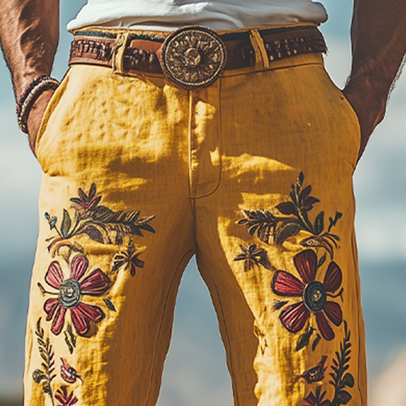 Men's Summer Fashion Casual Western Style Cotton and Linen Embroidered Pants (Without Belt)