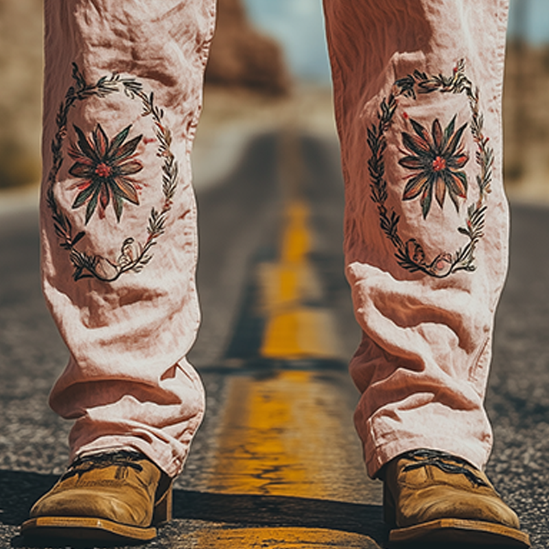 Men's Summer Fashion Casual Western Style Cotton and Linen Embroidered Pants