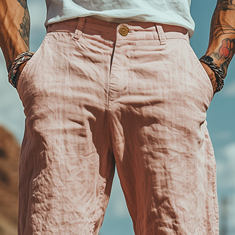 Men's Summer Fashion Casual Western Style Cotton and Linen Embroidered Pants