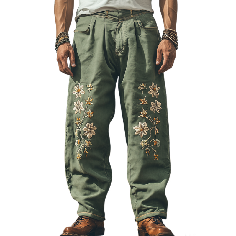 Men's Spring and Summer Fashion Casual Western Style Cotton and Linen Embroidered Pants