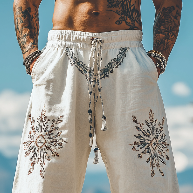 Men's Summer Fashion Casual Western Style Elastic Waist Cotton and Linen Embroidered Pants