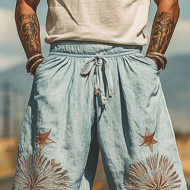 Men's Summer Fashion Casual Western Style Loose Elastic Waist Ramie Embroidery Pants