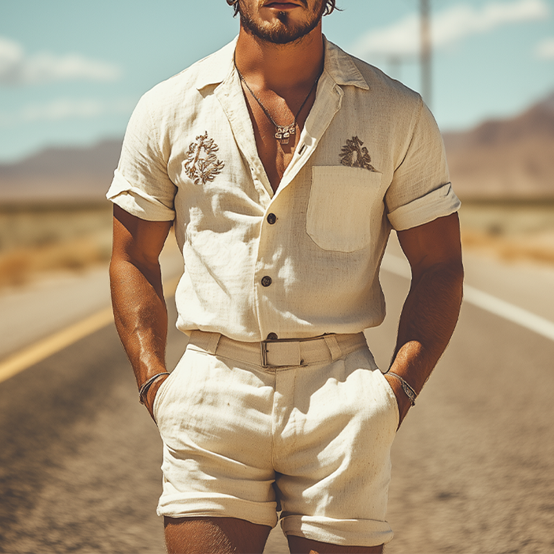 Men's Summer Fashion Casual Western Style Cotton and Linen Embroidered Shirt Shorts Set (Without Belt)