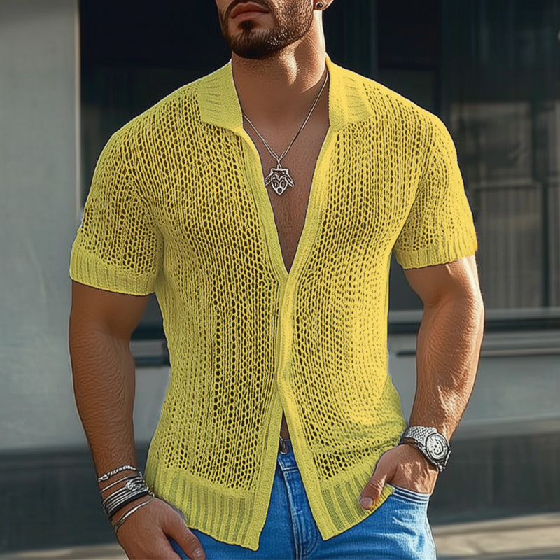 Men's Summer Solid Color Breathable Mesh Short Sleeve Shirt