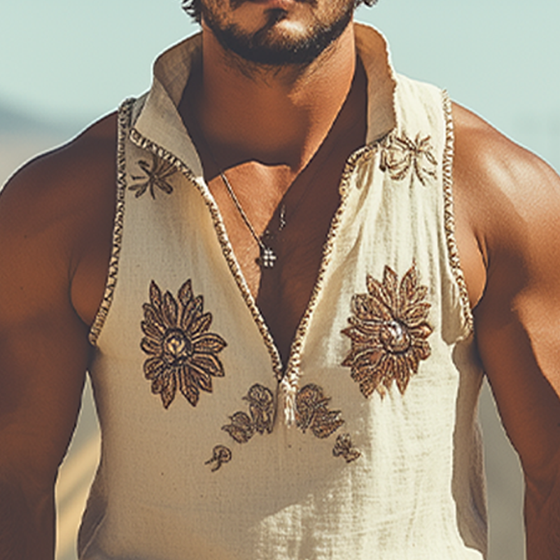 Men's Summer Fashion Retro Western Style Deep V Neck Cotton and Linen Embroidered Tank Top