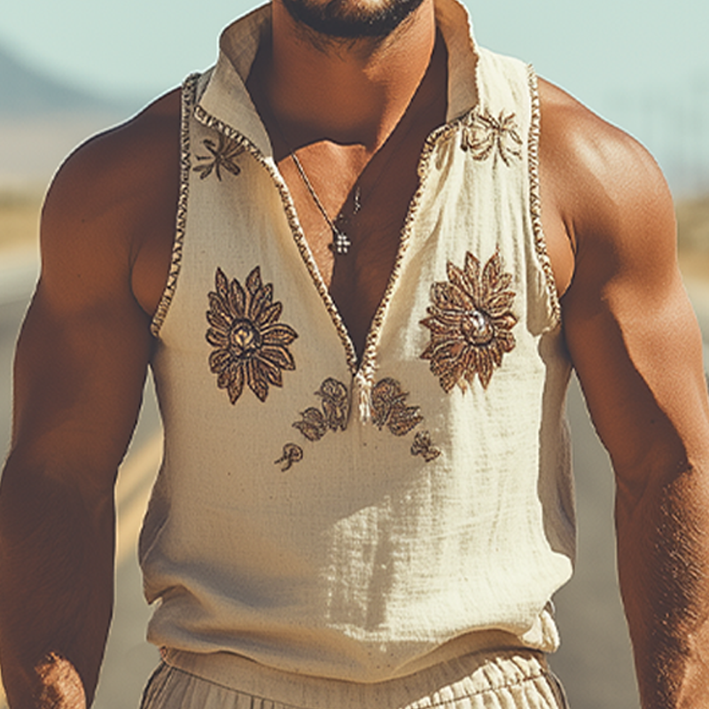 Men's Summer Fashion Retro Western Style Deep V Neck Cotton and Linen Embroidered Tank Top