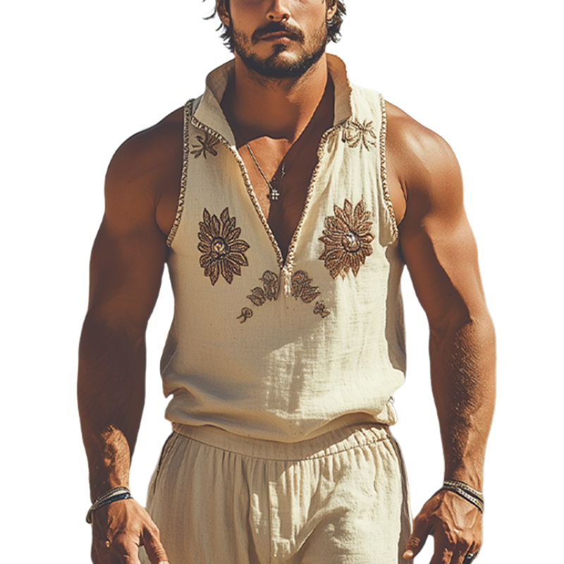 Men's Summer Fashion Retro Western Style Deep V Neck Cotton and Linen Embroidered Tank Top