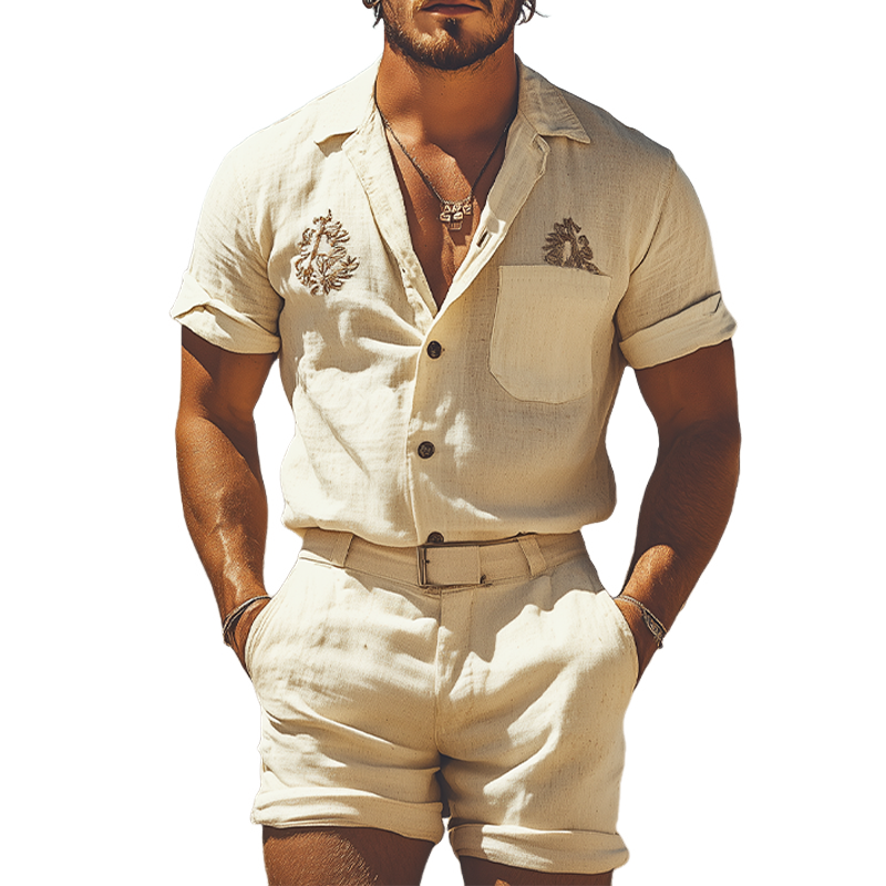 Men's Summer Fashion Casual Western Style Cotton and Linen Embroidered Shirt Shorts Set (Without Belt)