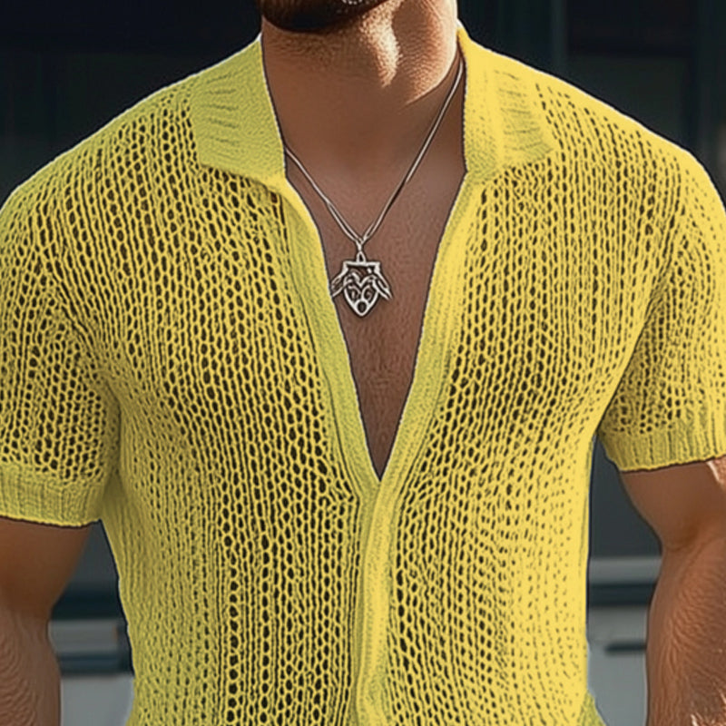 Men's Summer Solid Color Breathable Mesh Short Sleeve Shirt