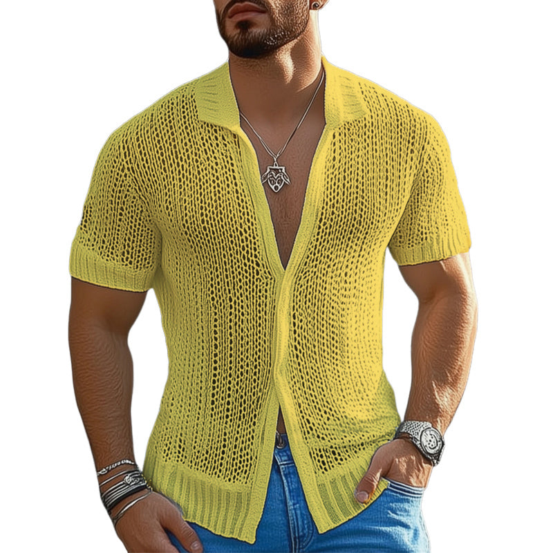 Men's Summer Solid Color Breathable Mesh Short Sleeve Shirt