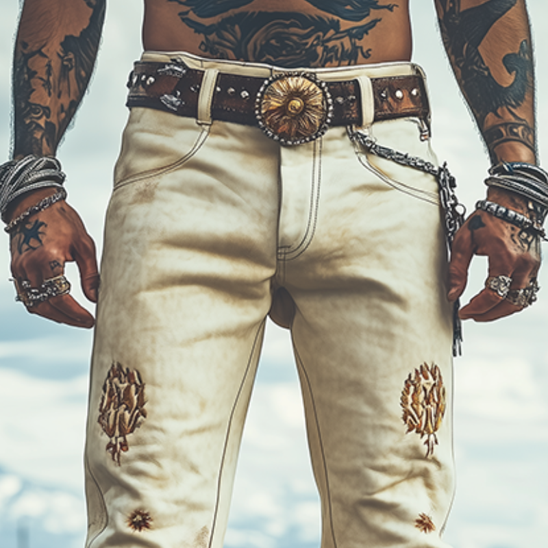 Men's Spring Fashion Retro Western Style Suede Embroidered Pants