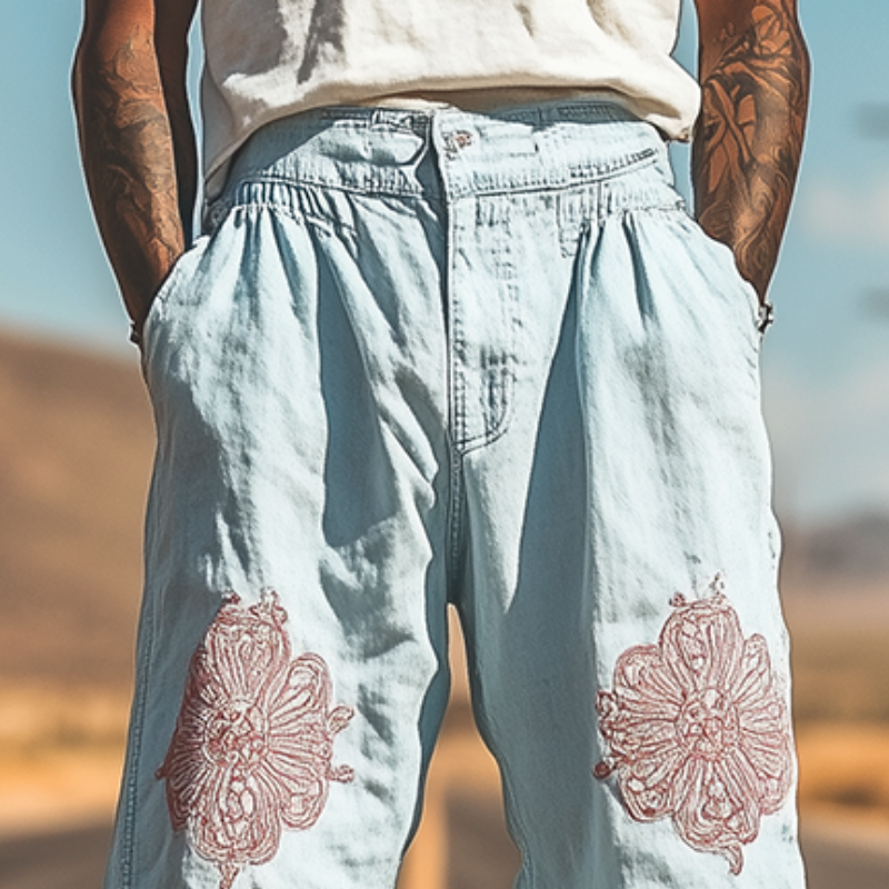 Men's Spring and Summer Fashion Casual Western Style Tencel Denim Embroidered Pants