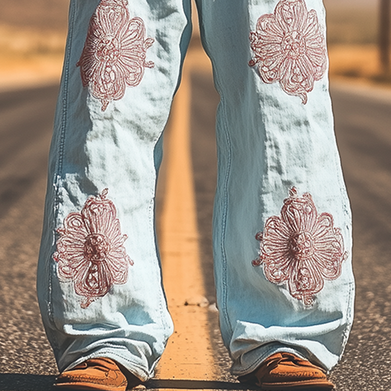 Men's Spring and Summer Fashion Casual Western Style Tencel Denim Embroidered Pants
