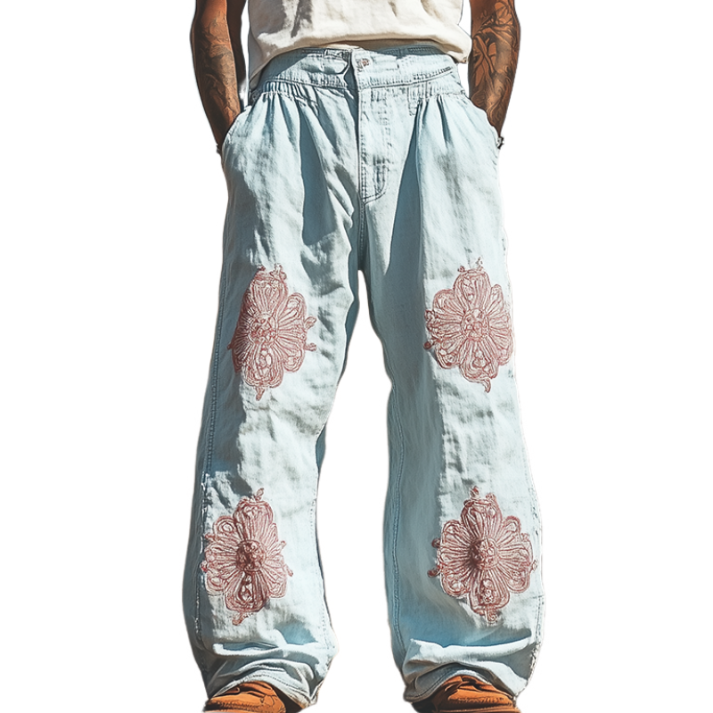 Men's Spring and Summer Fashion Casual Western Style Tencel Denim Embroidered Pants