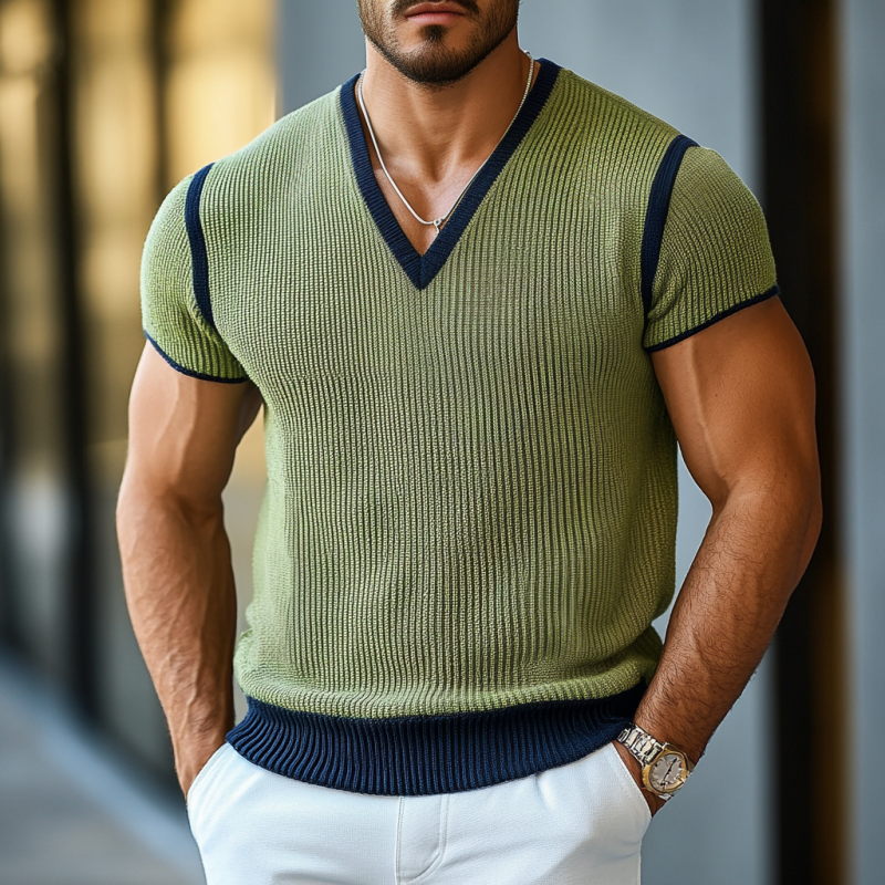 Men's Casual Contrast Color V-Neck Soft Slim Fit Knitted Short Sleeve Sweater T-Shirt ASW1750D4M