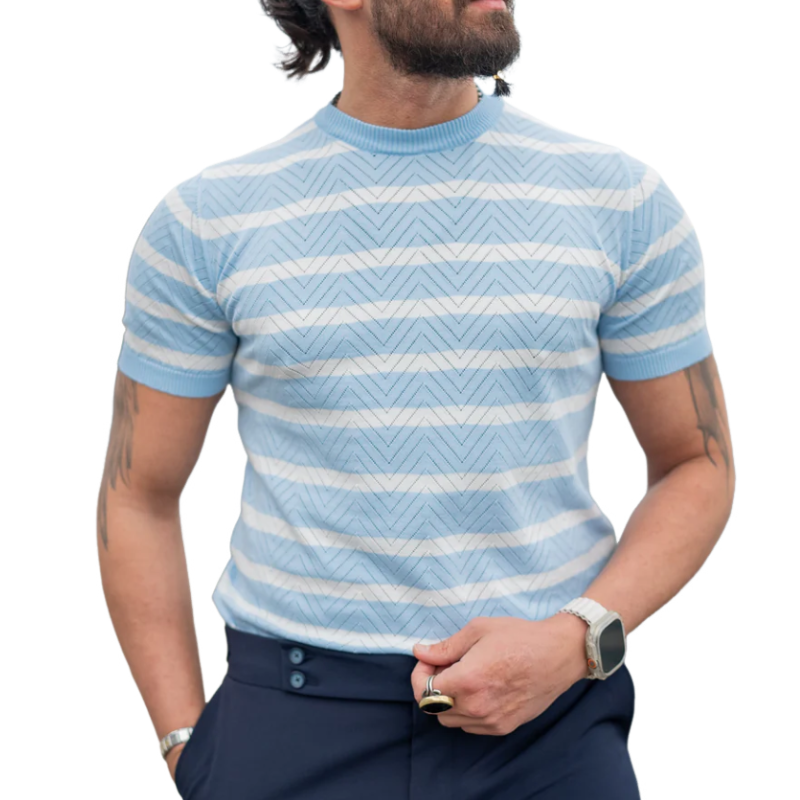 Men's Casual Stand Collar Wavy Striped Breathable Knitted Short Sleeve Sweater T-Shirt ASW1595D0M