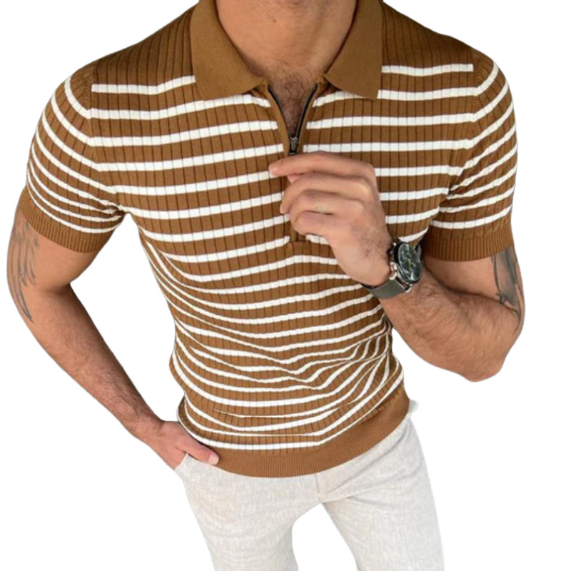 Herren Casual Kontrast Streifen Revers Reißverschluss Slim Fit Strick Kurzarm Polo Pullover T-Shirt ASW1589D6M