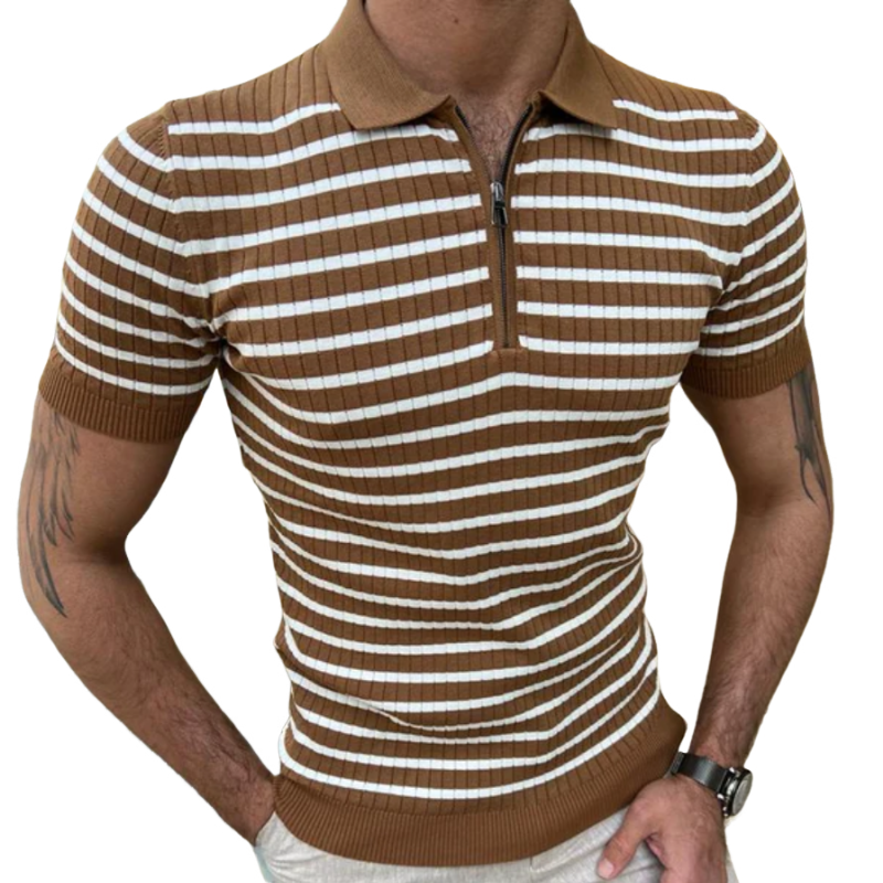 Men's Casual Contrast Stripe Lapel Zipper Slim Fit Knit Short Sleeve Polo Sweater T-Shirt ASW1589D6M