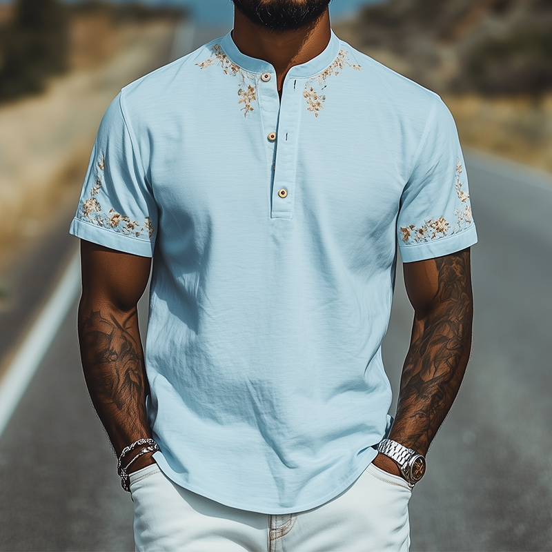 T-shirt d'été décontracté à manches courtes et col Henley pour homme, en coton mélangé, brodé d'osmanthus